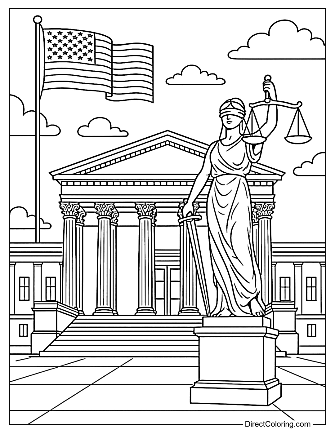 Coloring page of the Supreme Court with stone columns, statue of justice and the flag flying above.